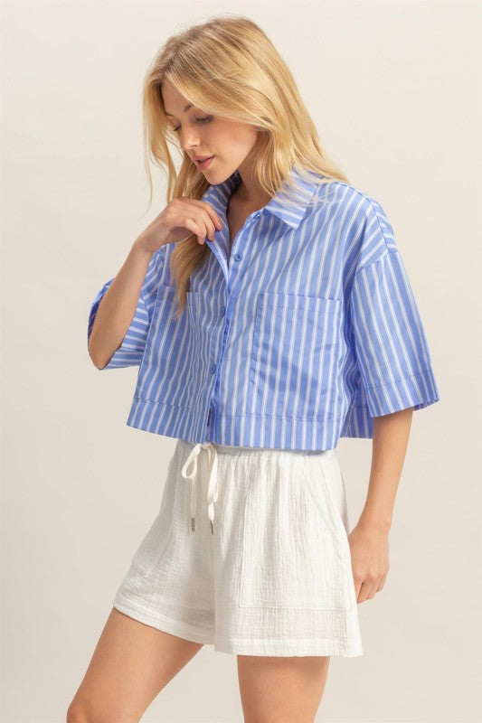 CROP STRIPE POCKET FRONT SHIRT