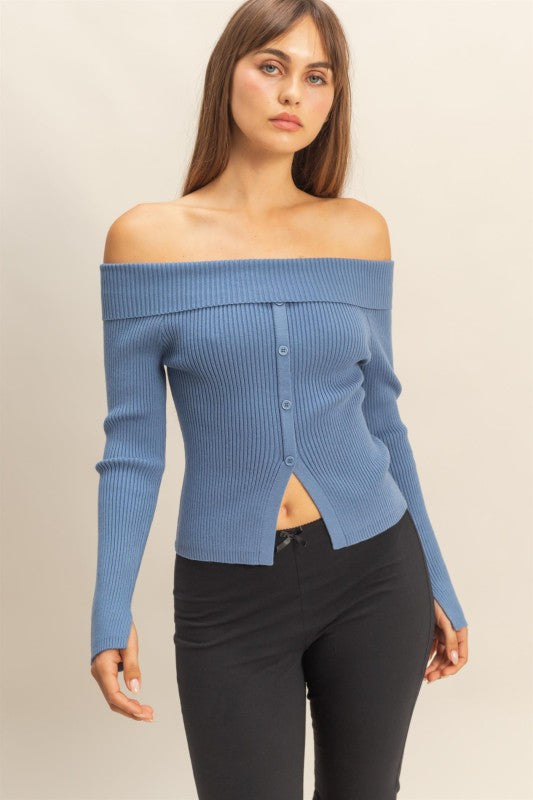 OFF SHOULDER BUTTON FRONT SWEATER