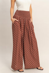 SMOCKED DOT WIDE LEG PANTS