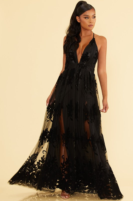 Morgan Formal Flocked Velvet Dress  Tulle dress long, Maxi dress formal,  Formal dresses long