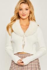 FUR COLLAR TIE CROP CARDIGAN