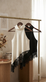 SATIN LACE TRIM MOCK NECK TOP