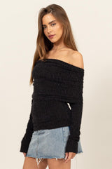 FOLD OVER OFF SHOULDER FUR SWEATER