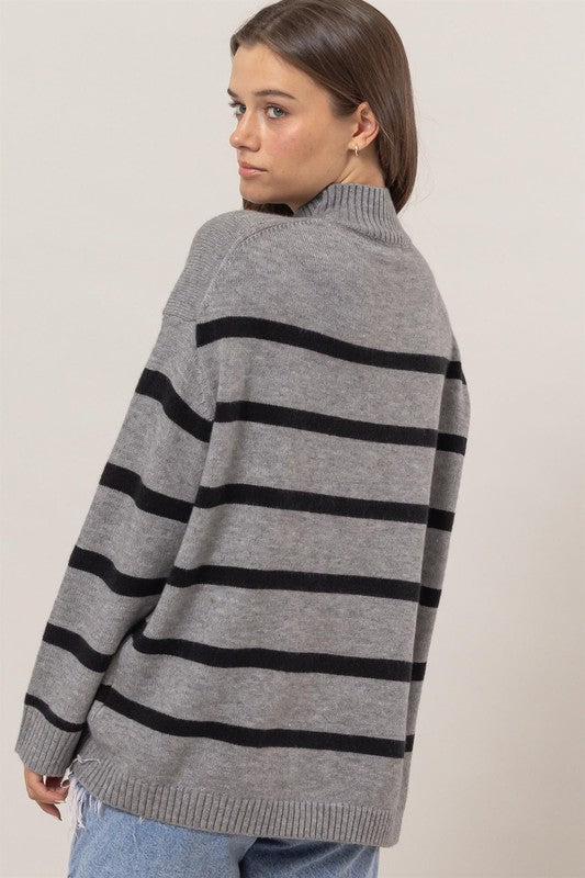 STRIPE OVERSIZE MOCK SWEATER