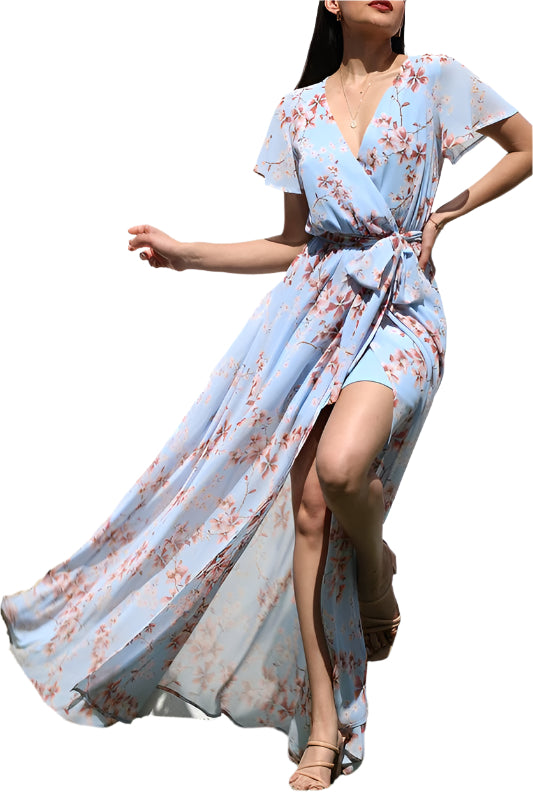 WRAP PRINT CHIFFON MAXI DRESS