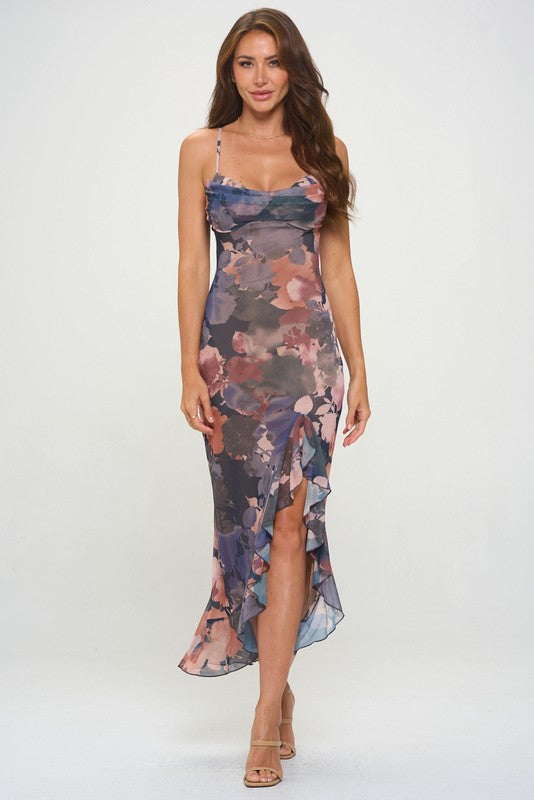 NIKKI - MESH PRINT COWL DRESS