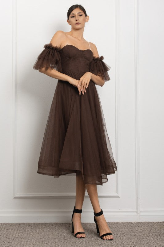 CLOUD - TULLE OFF SHOULDER MIDI DRESS