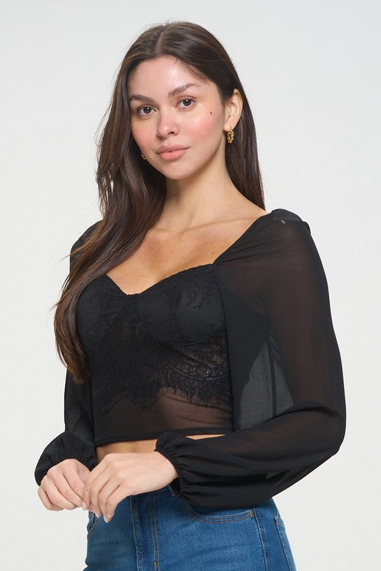 CROP CHIFFON LACE BUSTIER TOP