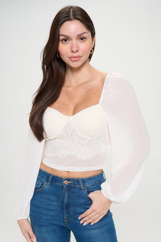 CROP CHIFFON LACE BUSTIER TOP