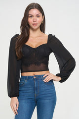 CROP CHIFFON LACE BUSTIER TOP