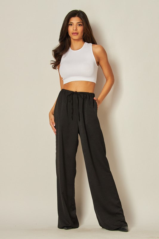 SATIN DRAWSTRING WIDE PANTS