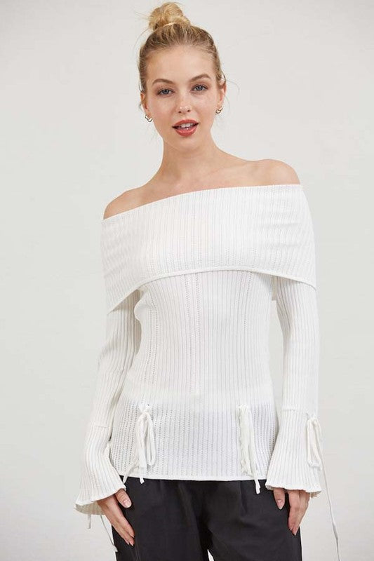 SHIVA - OFF SHOULDER TIE SWEATER