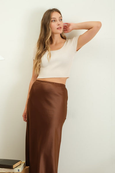 Brown satin maxi skirt best sale