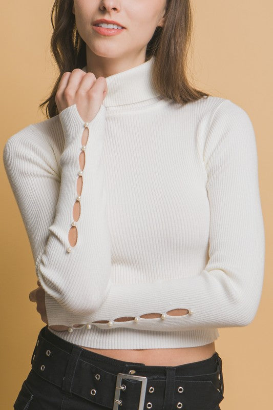 T-NECK SWEATER WITH PEARL SLEEVE