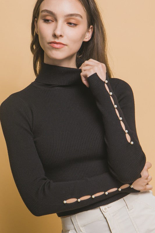 T-NECK SWEATER WITH PEARL SLEEVE