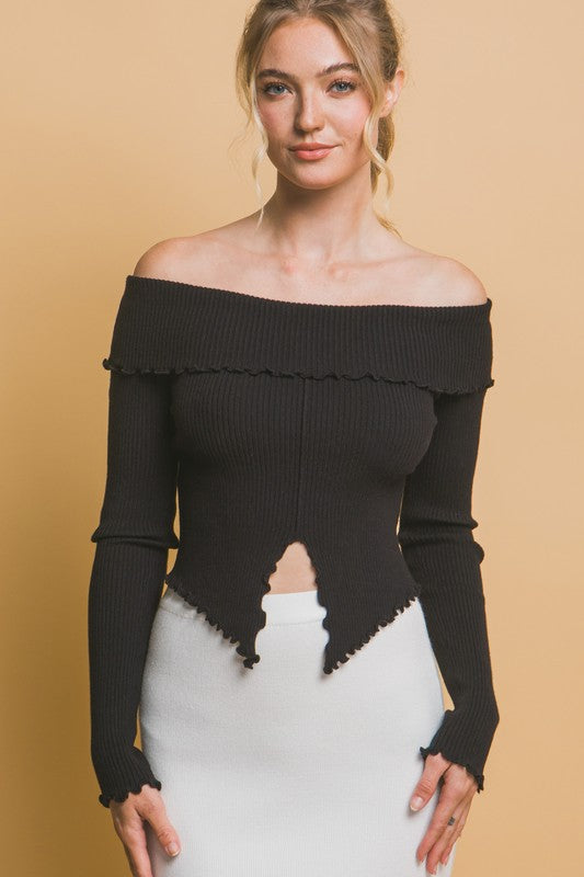 OFF SHOULDER RIBBED SWEATER