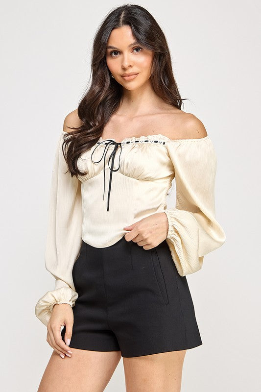 SMOCKED OFF SHOULDER RIBBON TOP