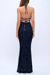 EMMY - TIE BACK SEQUIN HALTER DRESS