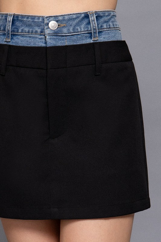 CONTRAST DENIM WAIST MINI SKIRT