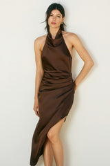 SOFIE - HI NECK SATIN HALTER DRESS