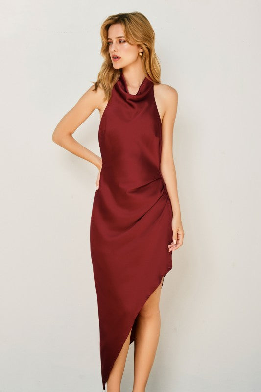 SOFIE - HI NECK SATIN HALTER DRESS