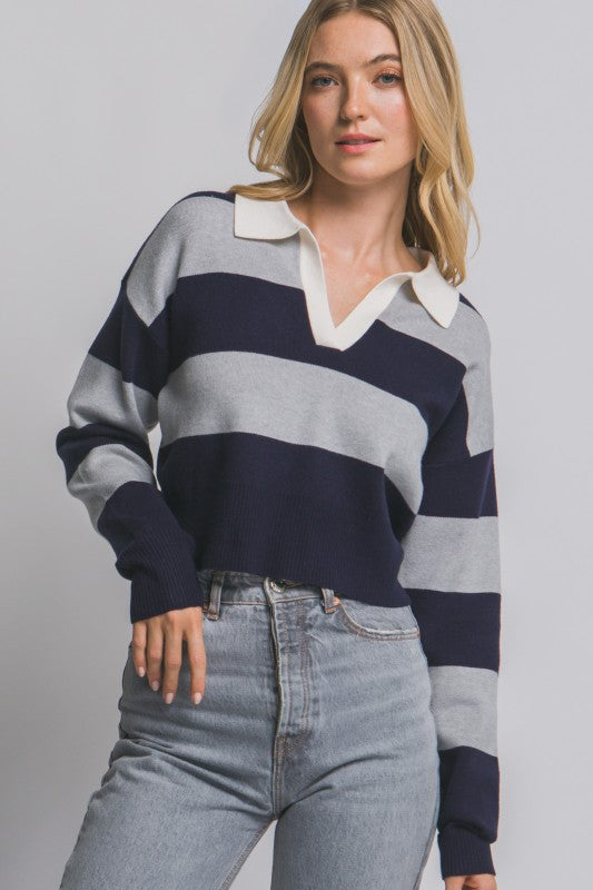CROP RUGBY STRIPE SWEATER