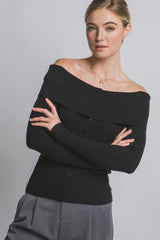 OFF SHOULDER RIBBED BUTTON SWEATER