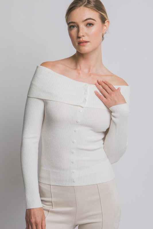 OFF SHOULDER RIBBED BUTTON SWEATER