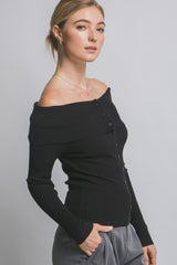 OFF SHOULDER RIBBED BUTTON SWEATER