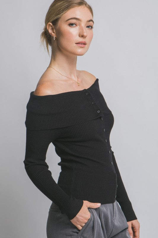 OFF SHOULDER RIBBED BUTTON SWEATER