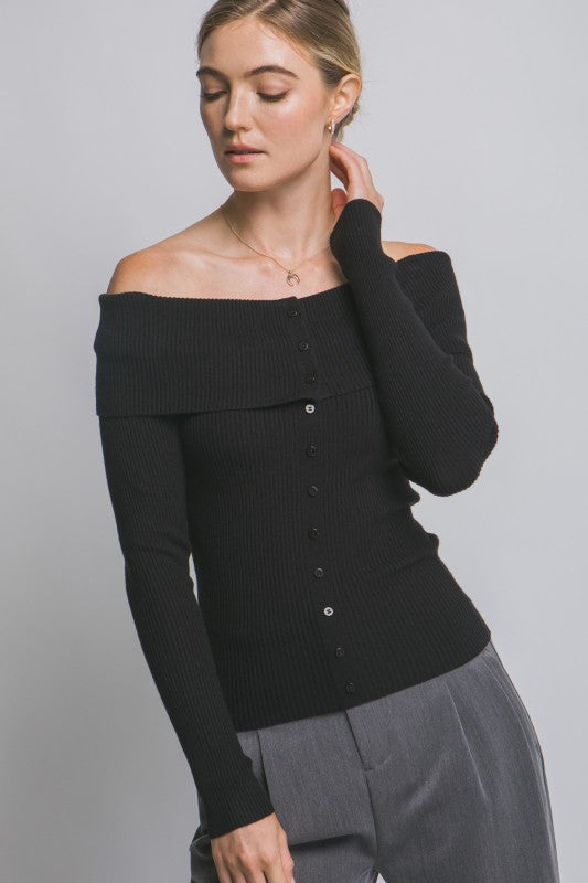 OFF SHOULDER RIBBED BUTTON SWEATER