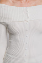 OFF SHOULDER RIBBED BUTTON SWEATER