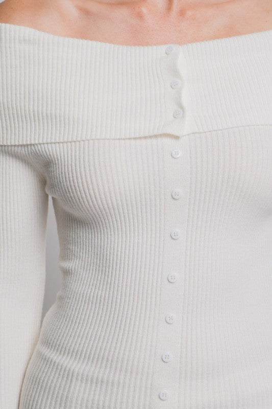 OFF SHOULDER RIBBED BUTTON SWEATER