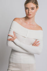OFF SHOULDER RIBBED BUTTON SWEATER