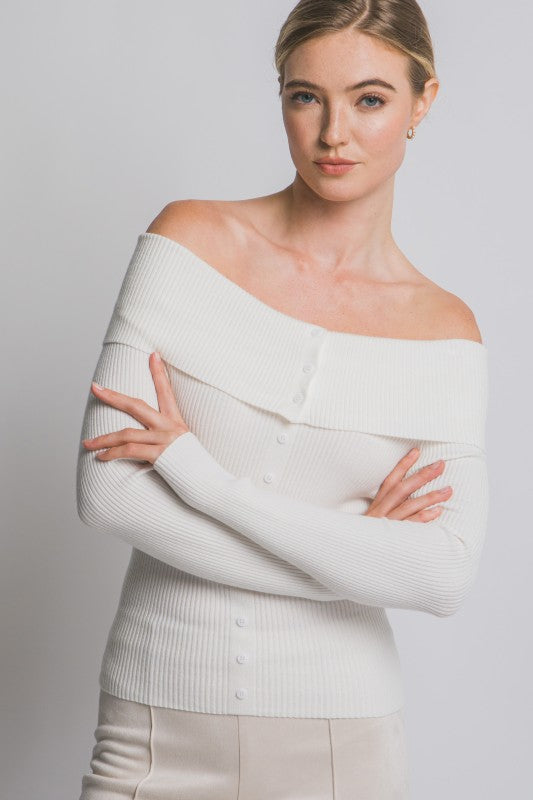 OFF SHOULDER RIBBED BUTTON SWEATER