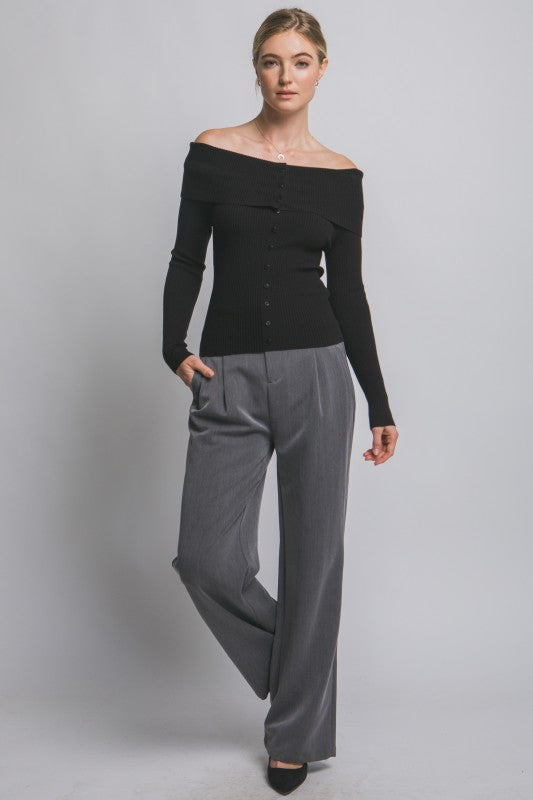 OFF SHOULDER RIBBED BUTTON SWEATER