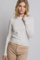 CREW NECK BUTTON SLEEVE SWEATER