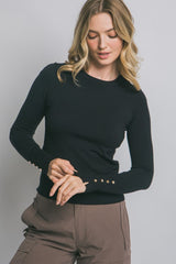CREW NECK BUTTON SLEEVE SWEATER