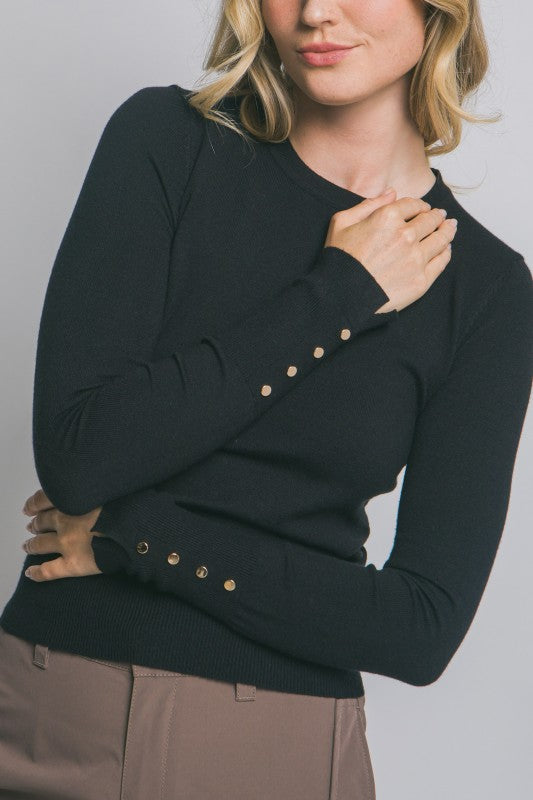 CREW NECK BUTTON SLEEVE SWEATER