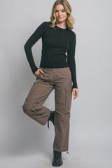 CREW NECK BUTTON SLEEVE SWEATER