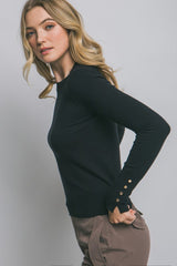 CREW NECK BUTTON SLEEVE SWEATER