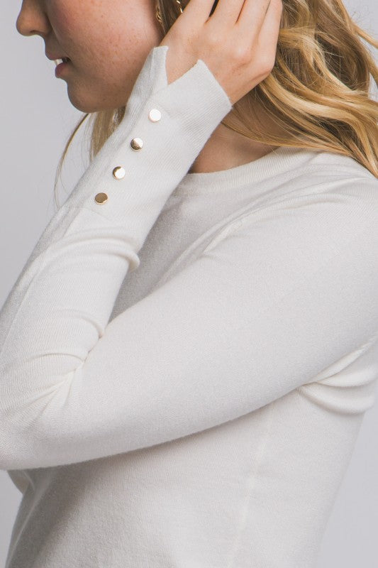 CREW NECK BUTTON SLEEVE SWEATER