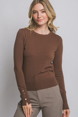 CREW NECK BUTTON SLEEVE SWEATER
