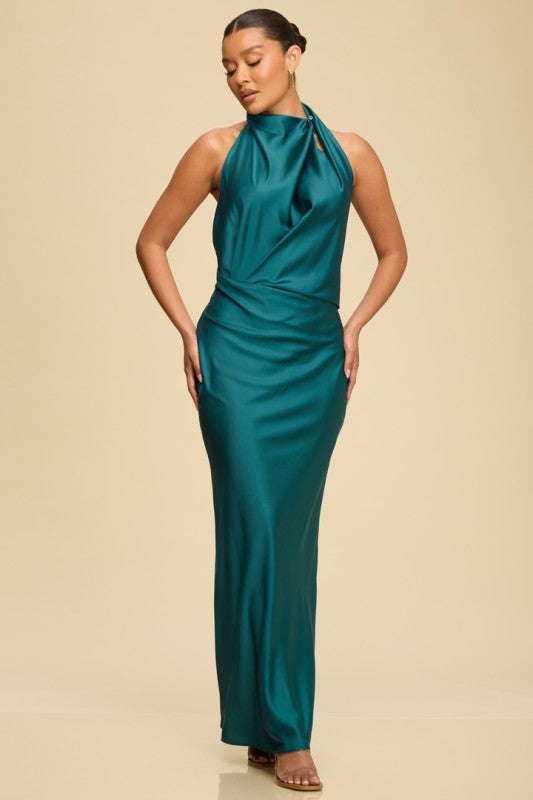 SIERRA - MOCK SATIN HALTER DRESS
