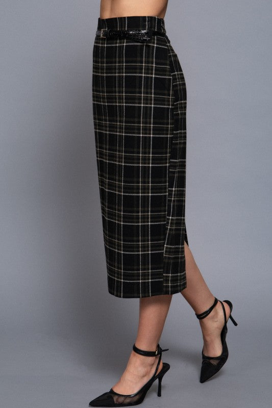 CHARLY - PLAID MIDI COLUMN SKIRT