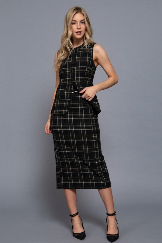 CHARLY - PLAID MIDI COLUMN SKIRT