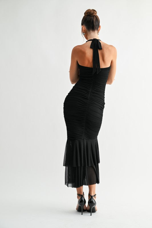 EDEN - RUFFLE HEM MESH HALTER DRESS
