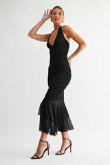 EDEN - RUFFLE HEM MESH HALTER DRESS