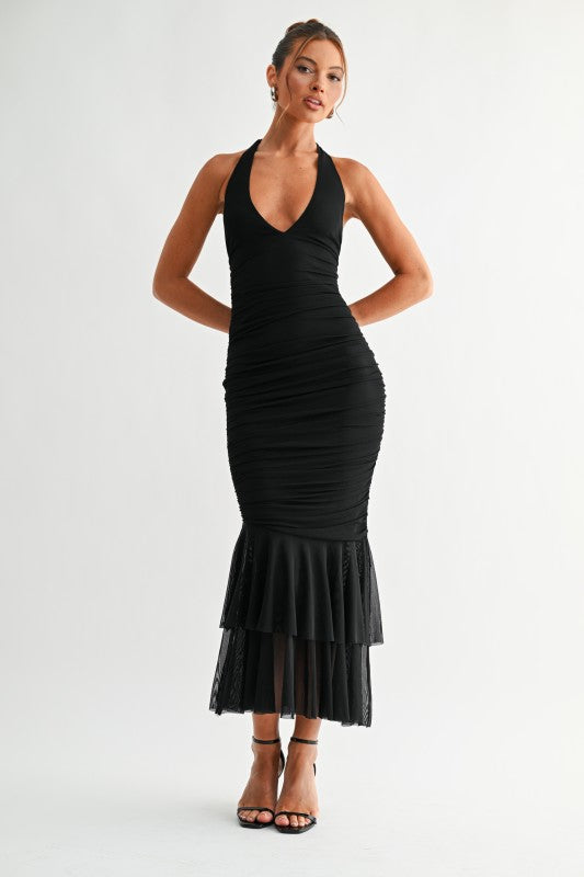 EDEN - RUFFLE HEM MESH HALTER DRESS