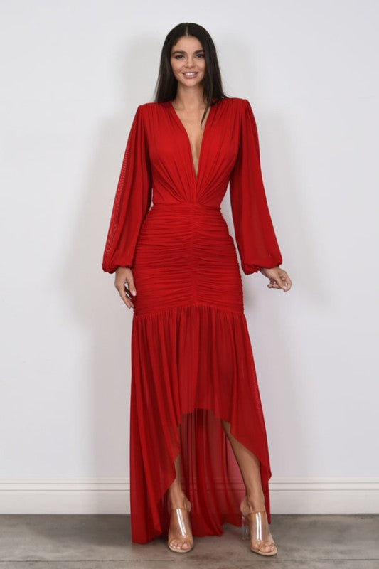 SIMONE - LONG SLEEVE MESH HI LOW GOWN